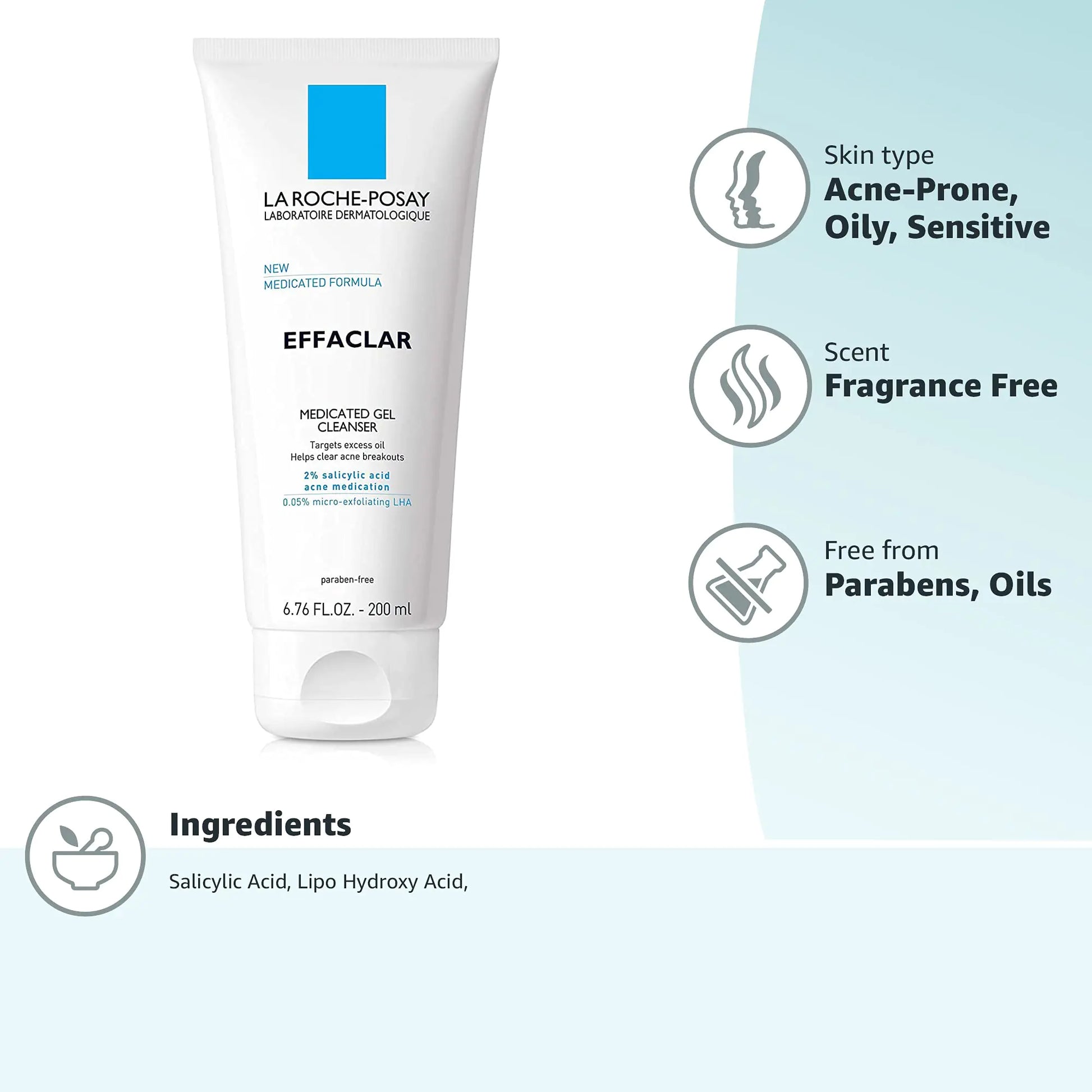 La Roche-Posay Effaclar Medicated Gel Cleanser, 2% Salicylic Acid Cleanser + LHA + Glycerin, Foaming Acne Face Wash - moist beauty